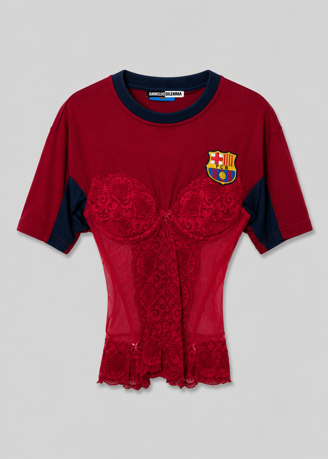 Red corset top with lace detailing and a logo