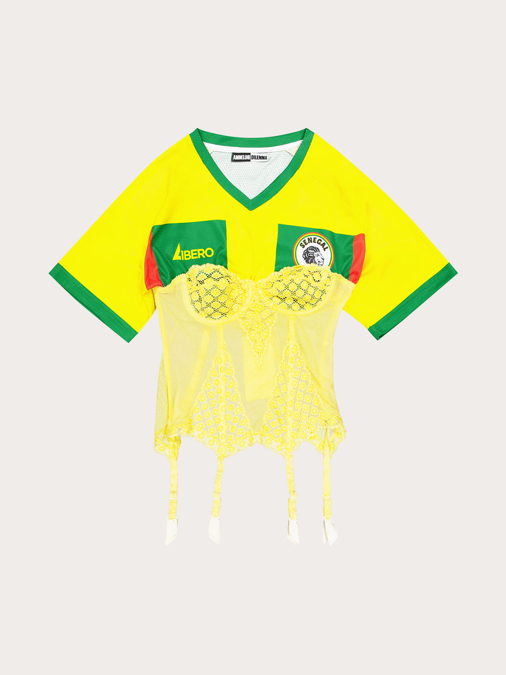 Yellow sports jersey with green and red accents on a white background