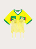 Yellow sports jersey with green and red accents on a white background